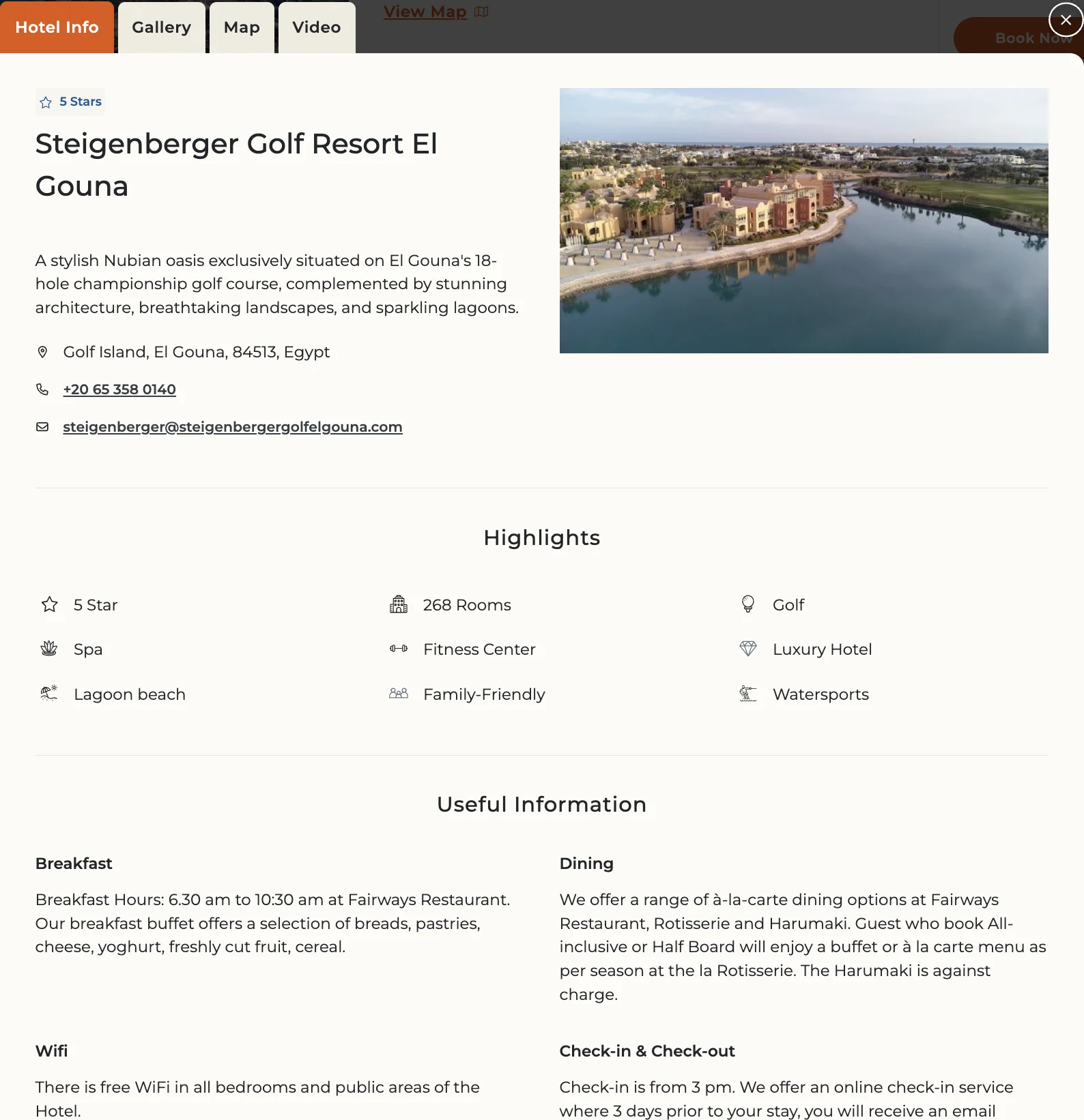 The Hotel Info panel for Steigenberger Golf Resort El Gouna in the elgouna.com booking flow, with tabs for Gallery, Map and Video, a short description, contact details, a photo of the resort on the lagoon, a Highlights list and a Useful Information section on breakfast, dining, Wi-Fi and check-in.