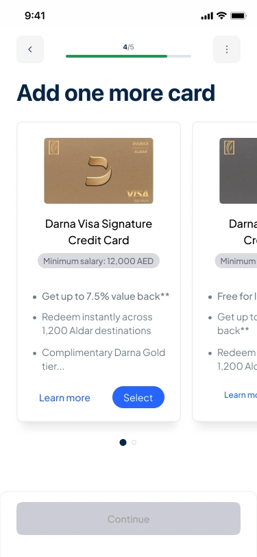Add one more card, step 4 of 5. A card carousel shows the Darna Visa Signature Credit Card with Minimum salary: 12,000 AED and three short benefits, with Learn more and Select. Button: Continue.