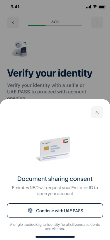 Step 3 of 5, Verify your identity, with a bottom sheet: Document sharing consent. Emirates NBD will request your Emirates ID to open your account. Button: Continue with UAE PASS, with the line A single trusted digital identity for all citizens, residents and visitors.