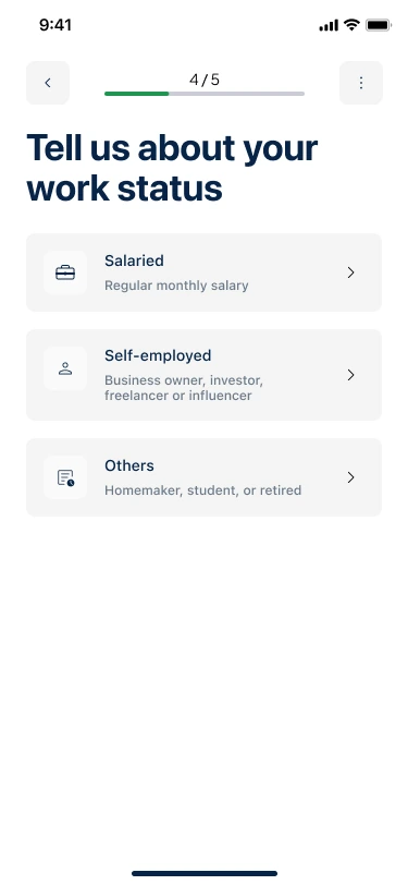 Step 4 of 5: Tell us about your work status. Options: Salaried, Regular monthly salary; Self-employed, Business owner, investor, freelancer or influencer; Others, Homemaker, student, or retired.