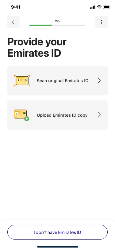 Step 2 of 5 in English: Provide your Emirates ID, with options Scan original Emirates ID and Upload Emirates ID copy, and a button: I don’t have Emirates ID.