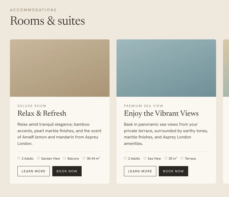 Mockup of the room carousel showing two cards, Deluxe Room: Relax & Refresh, and Premium Sea View: Enjoy the Vibrant Views, each with a short description and four facts.